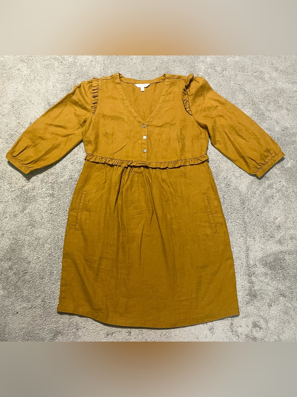 Garnet Hill 100% Linen Ruffle Tunic Dress Womens 10 Ochre Mustard 3/4 Sleeve